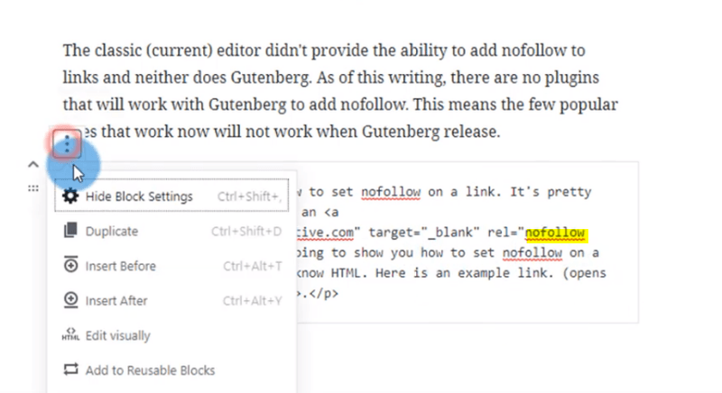 how to add no-follow link in gutenberg