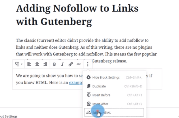 how to add no-follow link in gutenberg