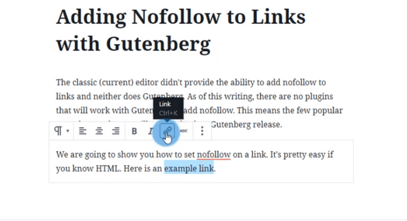 adding nofollow link in gutenberg