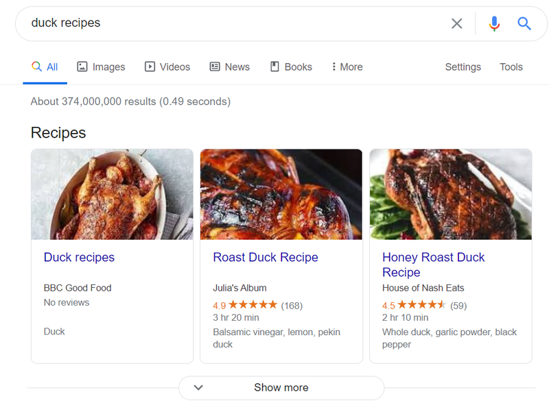 duck recipes on google search results