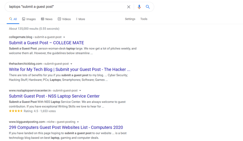 Google search results for 'laptops "submit a guest post"'