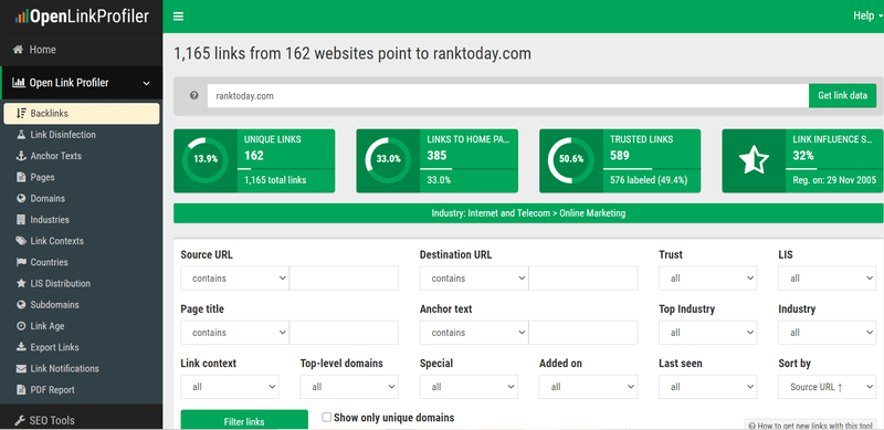 Backlink filters on OpenLinkProfiler