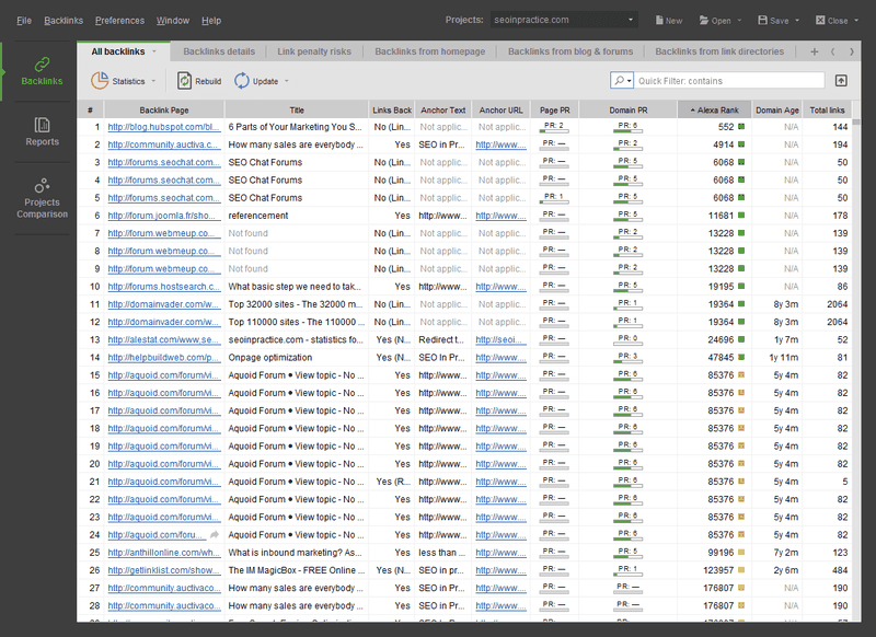 Backlink report by SEO Spyglass backlink checker