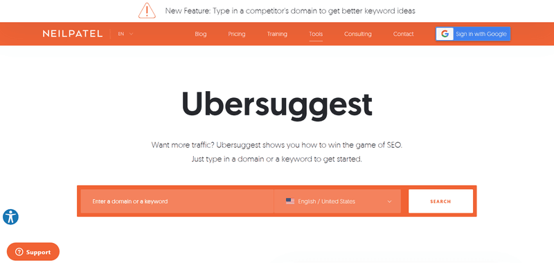 Ubersuggest's home page